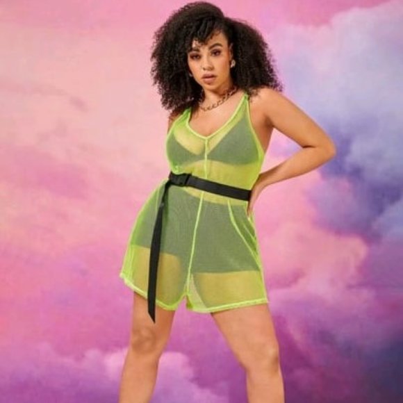SHEIN Plus Neon Lime Fishnet Mesh Cami Romper and belt